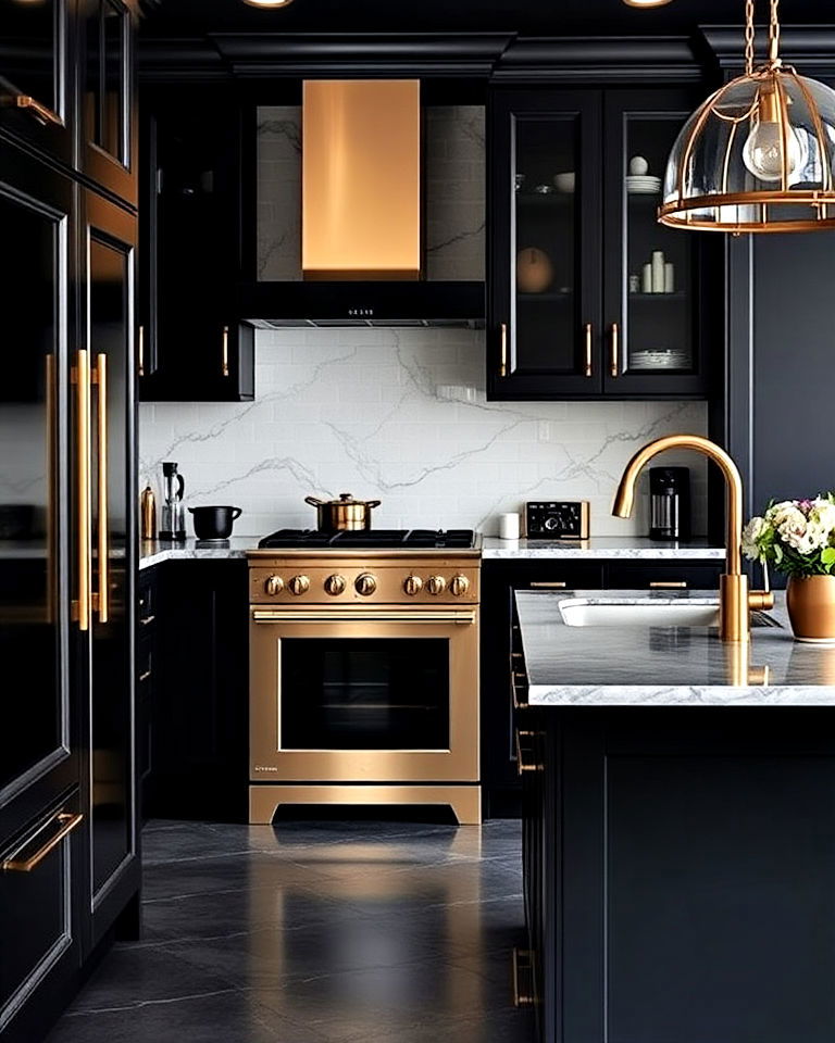 dark kitchen with gold accents - 25 Dark Kitchen Ideas
