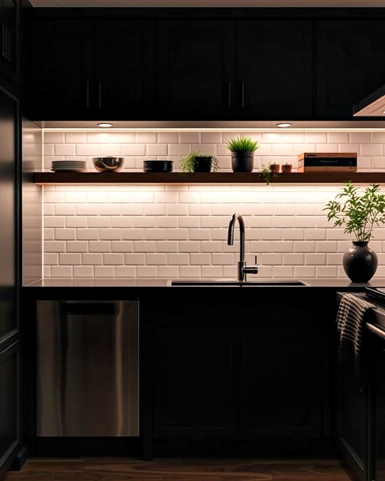 dark kitchen with moody lighting - 25 Dark Kitchen Ideas