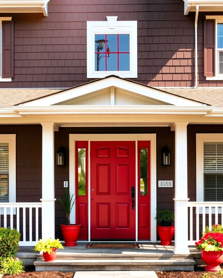 dark mocha exterior with a vibrant red door - 25 Dark Brown House Exterior Ideas