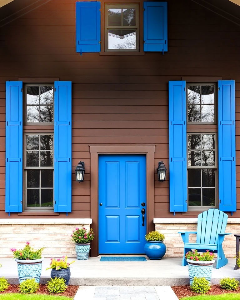 dark mocha exterior with bold blue shutters - 25 Dark Brown House Exterior Ideas
