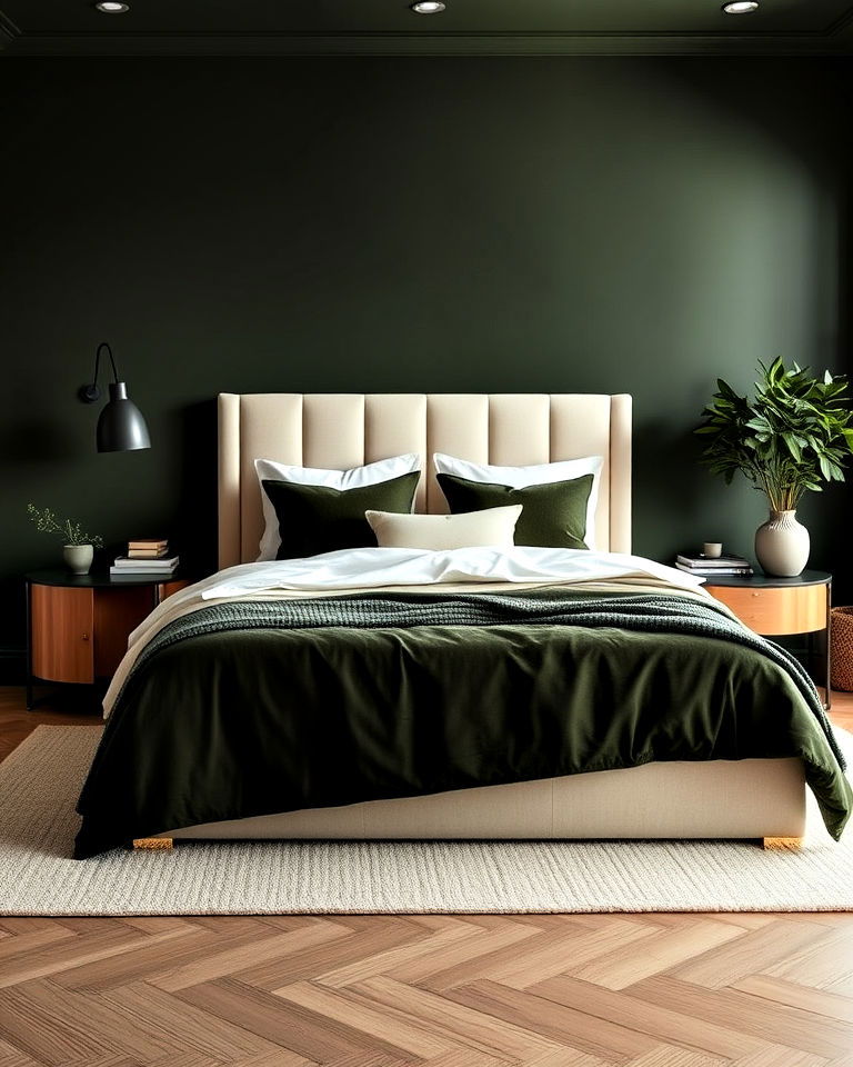 dark olive green and light neutrals to create depth - 25 Olive Green Bedroom Ideas