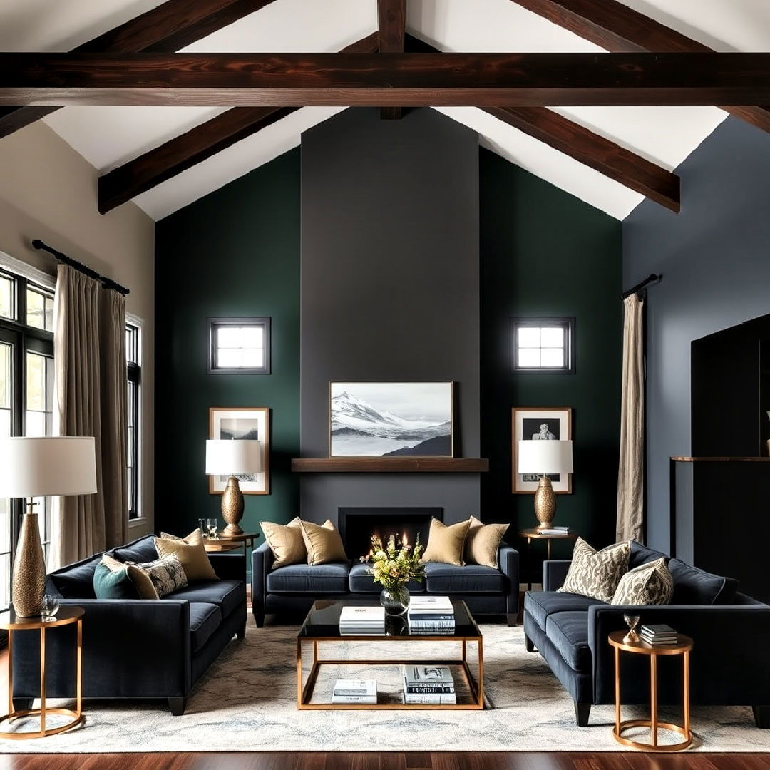 dark stained beams and bold colored walls - 25 Exposed Beam Living Room Ideas