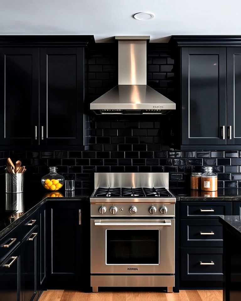 dark themed kitchen with stainless steel appliances - 25 Kitchen With Stainless Steel Appliances