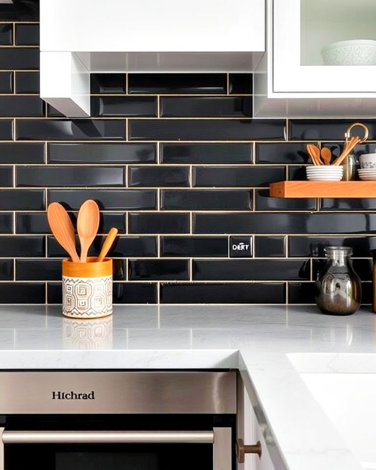 dark tiles with metallic grout for kitchen - 25 Dark Kitchen Ideas