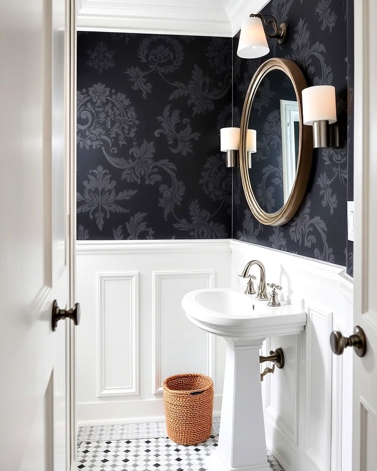 dark wallpaper and white wainscoting for powder room - 25 Powder Room Wainscoting Ideas