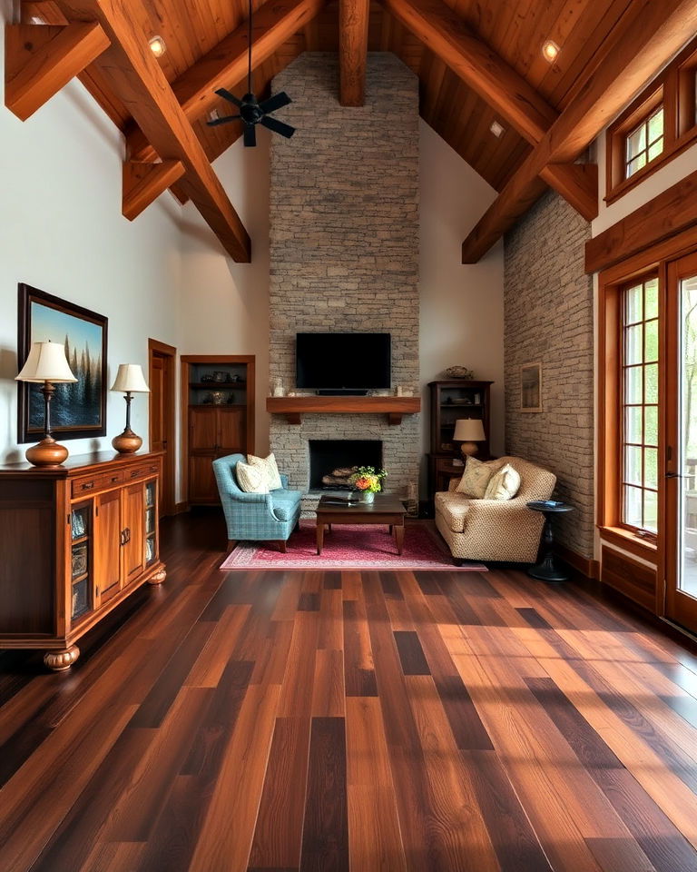 dark walnut floor and exposed beams - 20 Dark Walnut Floors for Rooms