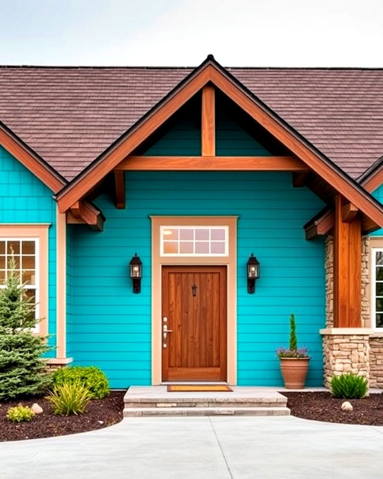 dark walnut roof with turquoise home exterior - 25 Blue Exterior Home With a Brown Roof Ideas