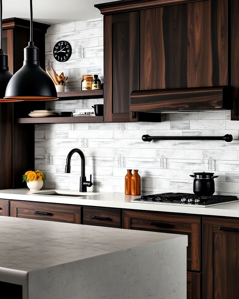 dark wood cabinets with industrial black fixtures - 20 Black and Brown Kitchen Ideas