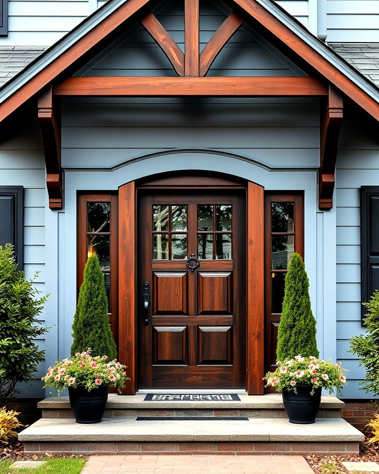 dark wood door for light blue house exterior - 25 Light Blue House Exterior Ideas