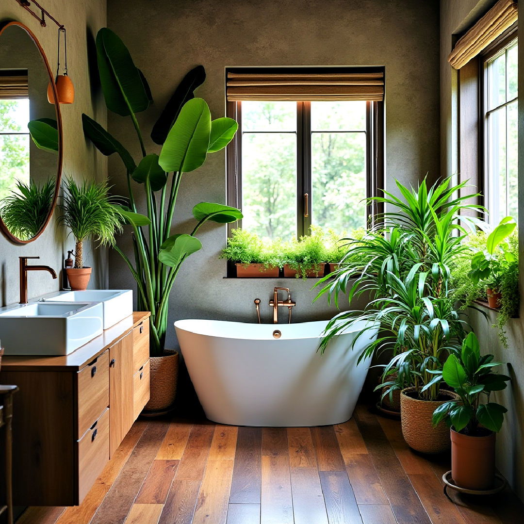 dark wood floor bathroom with greenery - 25 Dark Wood Floor Bathroom Ideas