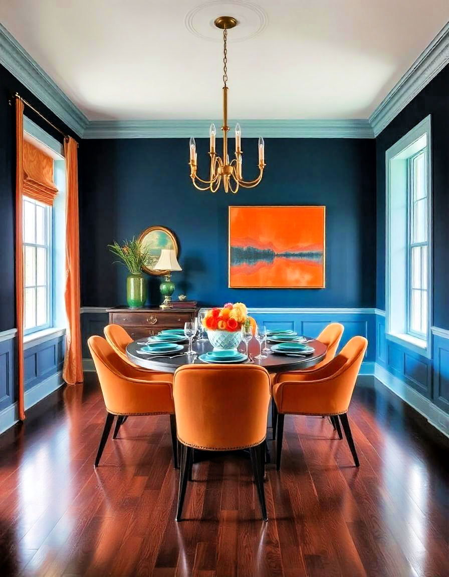 dark wood floor dining room with bold colors - 15 Dark Wood Floor Dining Room Ideas