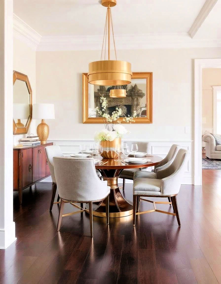 dark wood floor dining room with metallic accents - 15 Dark Wood Floor Dining Room Ideas