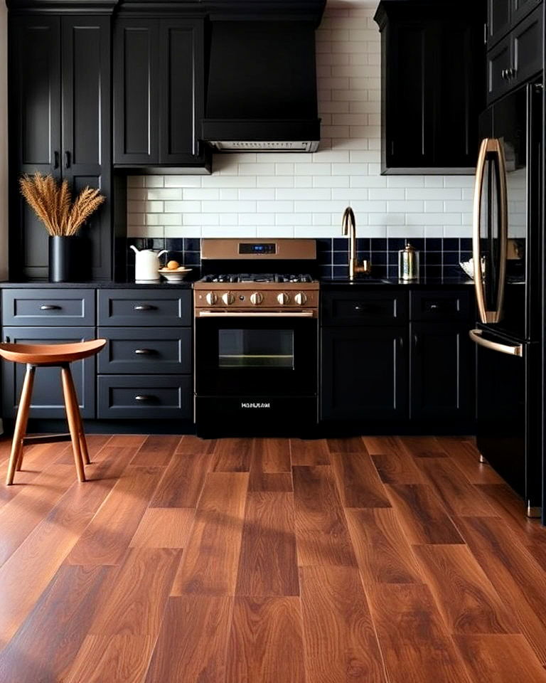 dark wood floor for kitchen - 25 Dark Kitchen Ideas