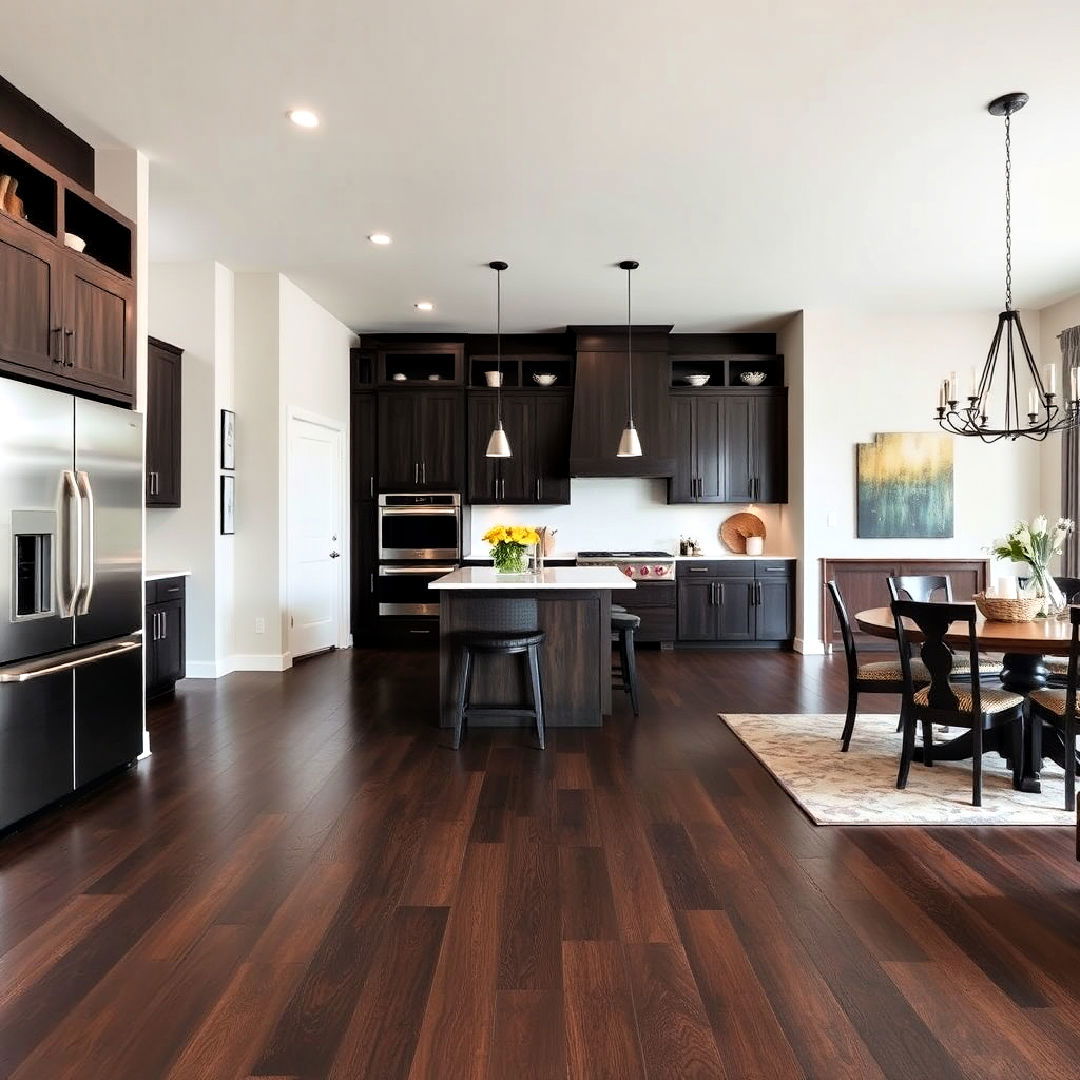 dark wood floor for open concept kitchen - 25 Kitchen With Dark Wood Floors