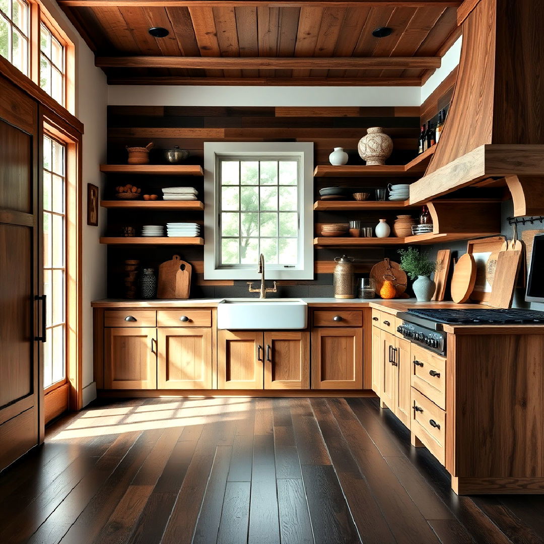 dark wood floor kitchen with rustic farmhouse aesthetic - 25 Kitchen With Dark Wood Floors