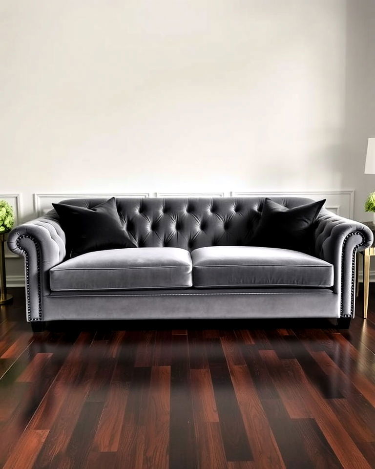 dark wood floor living room with grey velvet sofa - 20 Grey Living Room With Dark Wood Floors
