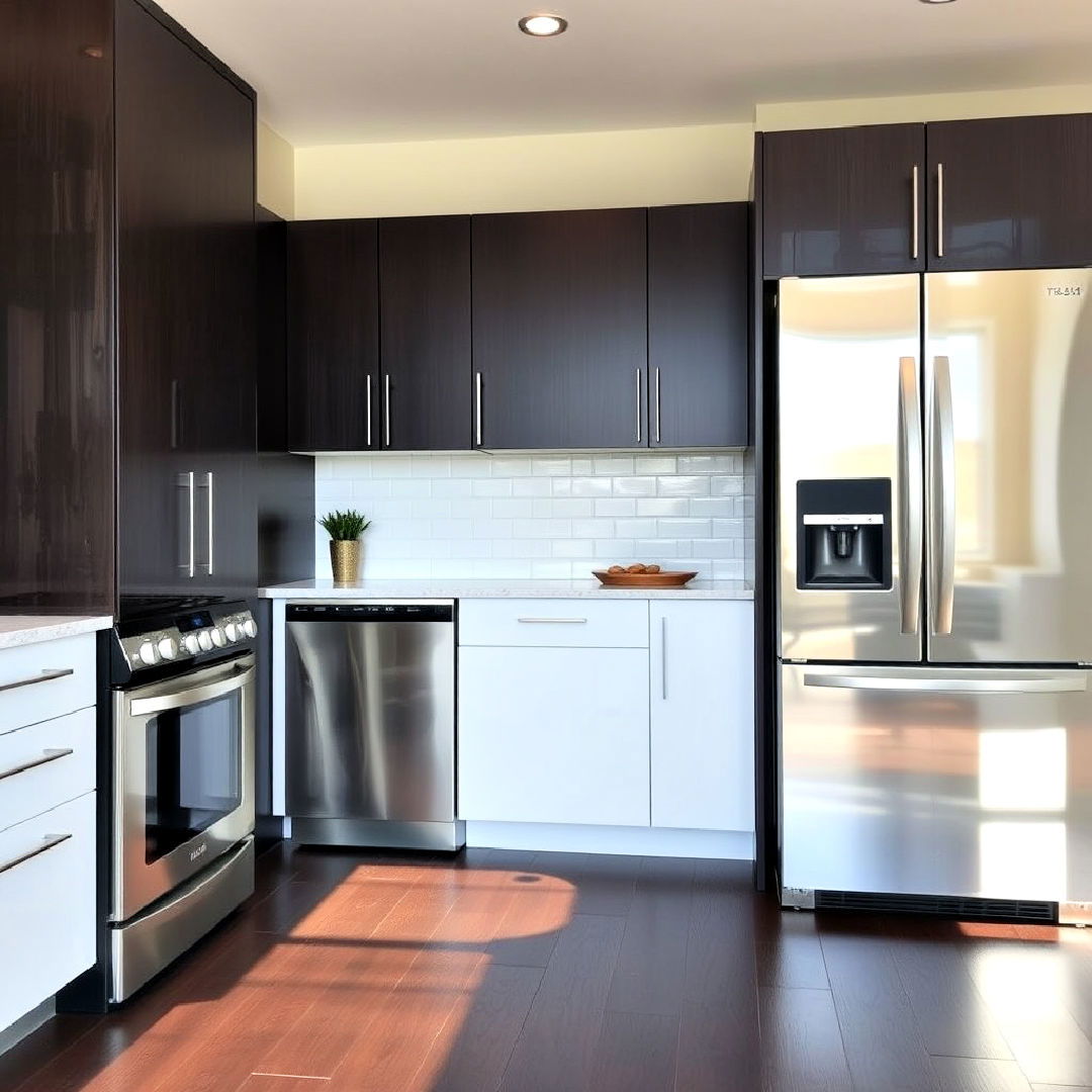dark wood floor with stainless steel appliances - 25 Kitchen With Dark Wood Floors