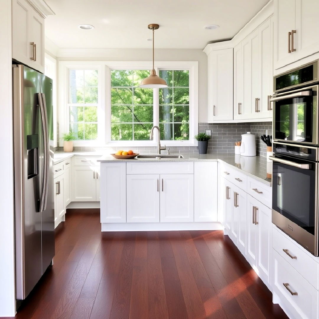 dark wood floor with white cabinets - 25 Kitchen With Dark Wood Floors