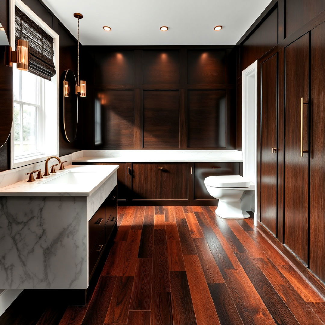 dark wood floor with white marble countertop - 25 Dark Wood Floor Bathroom Ideas