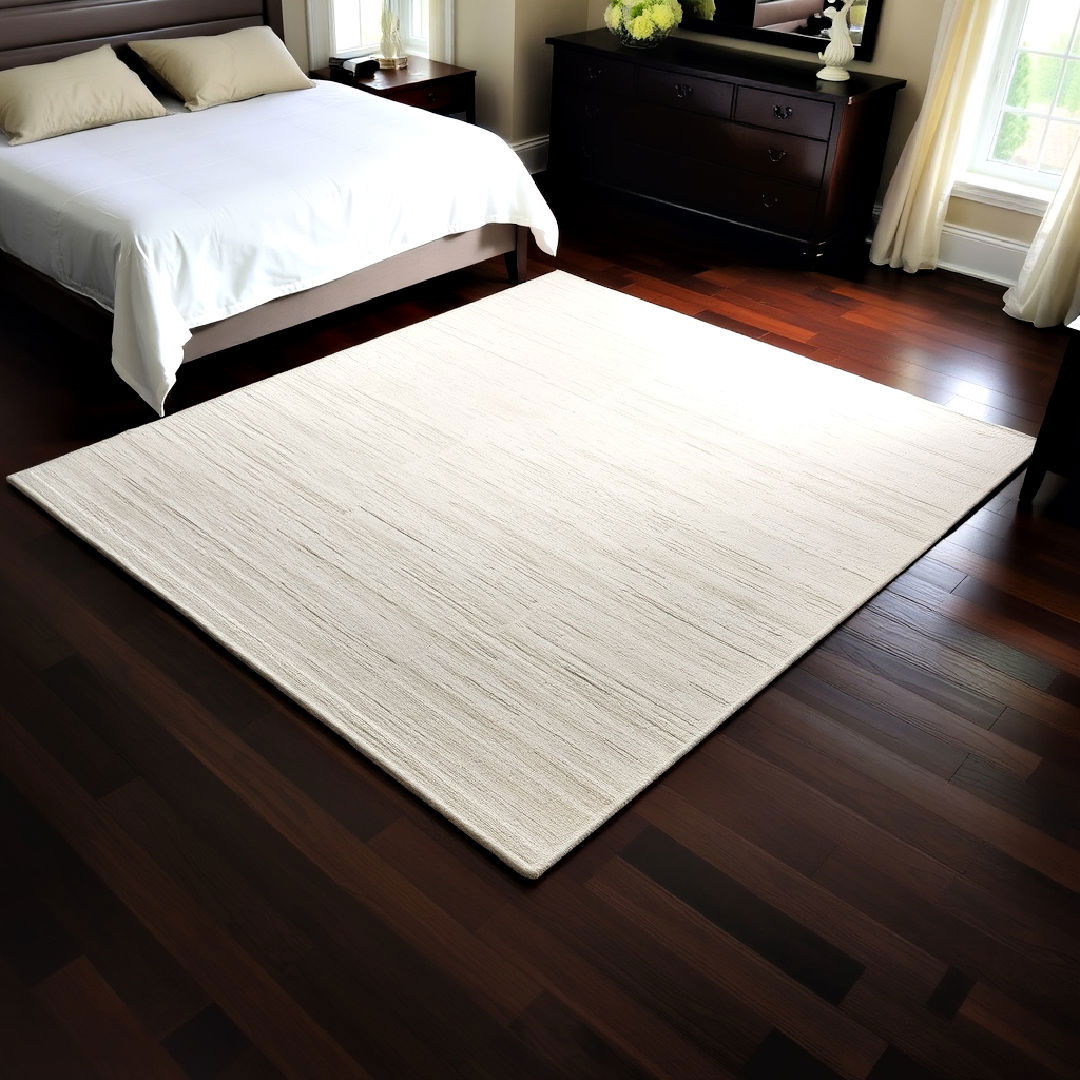 dark wood flooring and light area rug - 20 Dark Wood Bedroom Ideas
