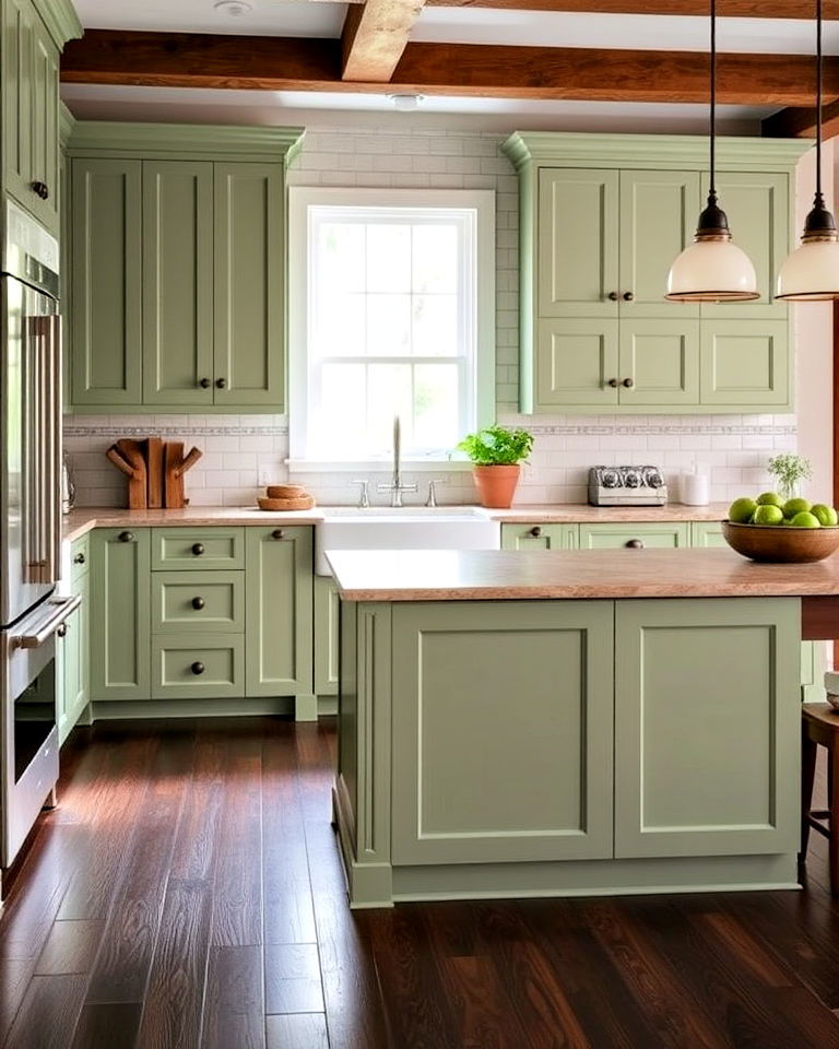 dark wood floors for sage green kitchen - 20 Rustic Sage Green Kitchen Cabinets