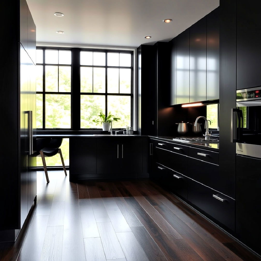 dark wood floors with black cabinetry - 25 Kitchen With Dark Wood Floors