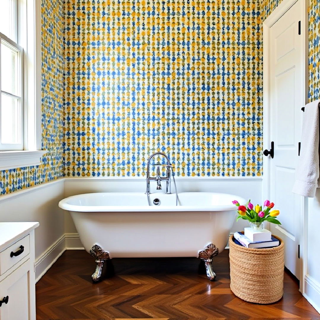 dark wood floors with bold wallpaper - 25 Dark Wood Floor Bathroom Ideas