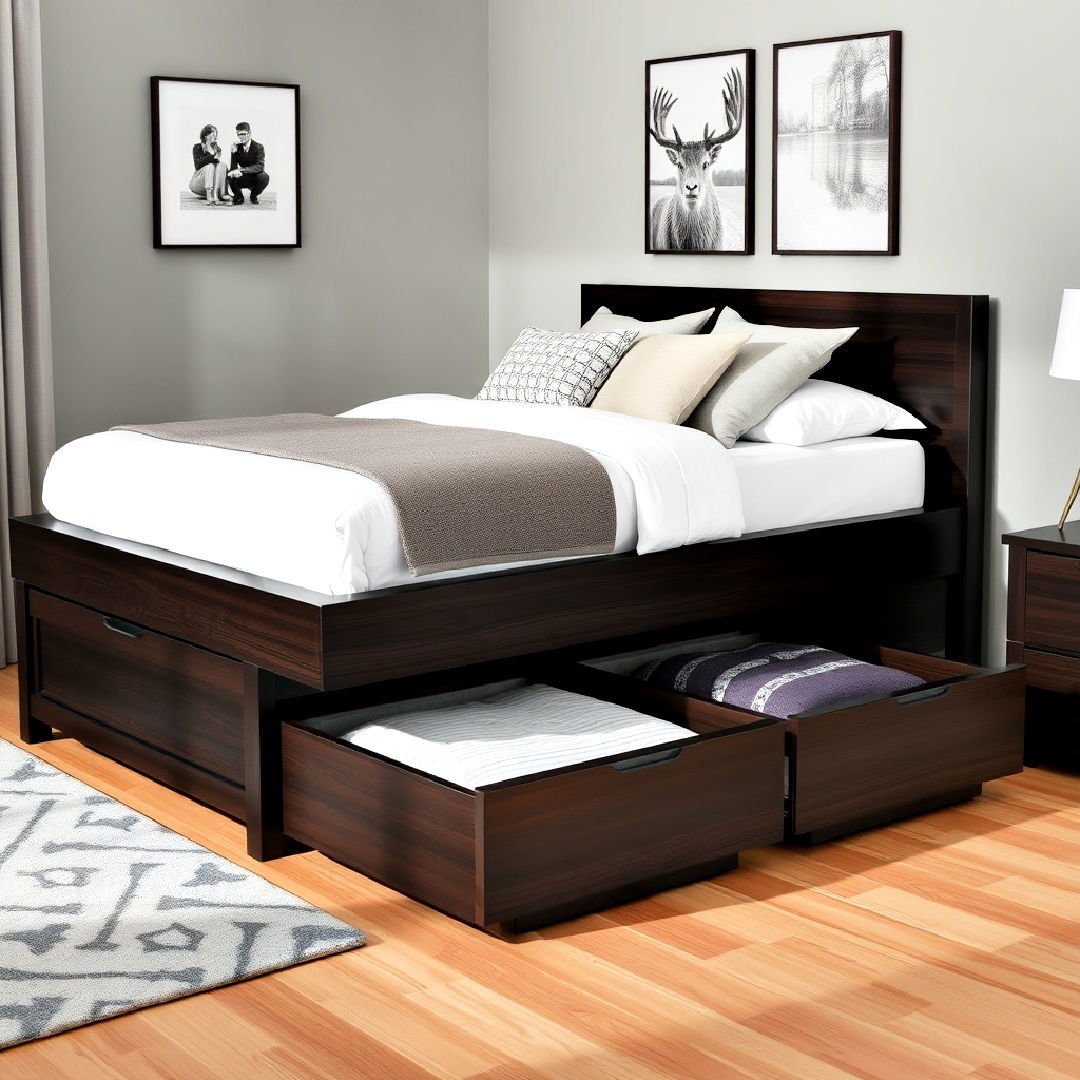 dark wood platform bed with built in storage design - 20 Dark Wood Bedroom Ideas