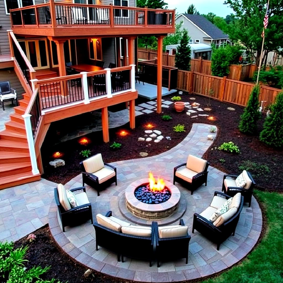 deck and circular fire pit patio - 30 Deck and Patio Combination Ideas
