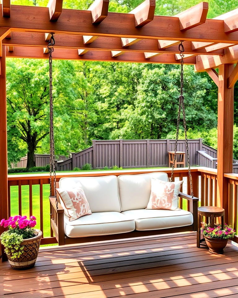 deck pergola with swing seating - 20 Deck Seating Ideas
