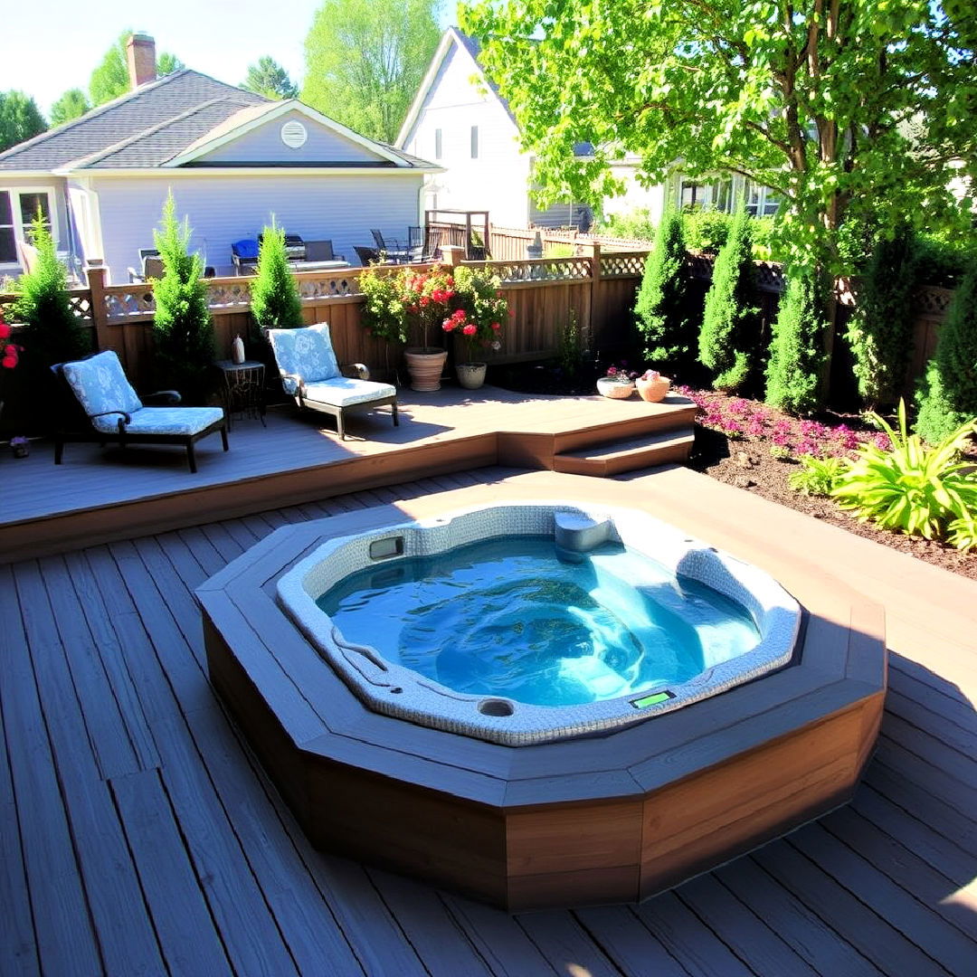 deck with built in hot tub - 25 Ground Level Deck Ideas
