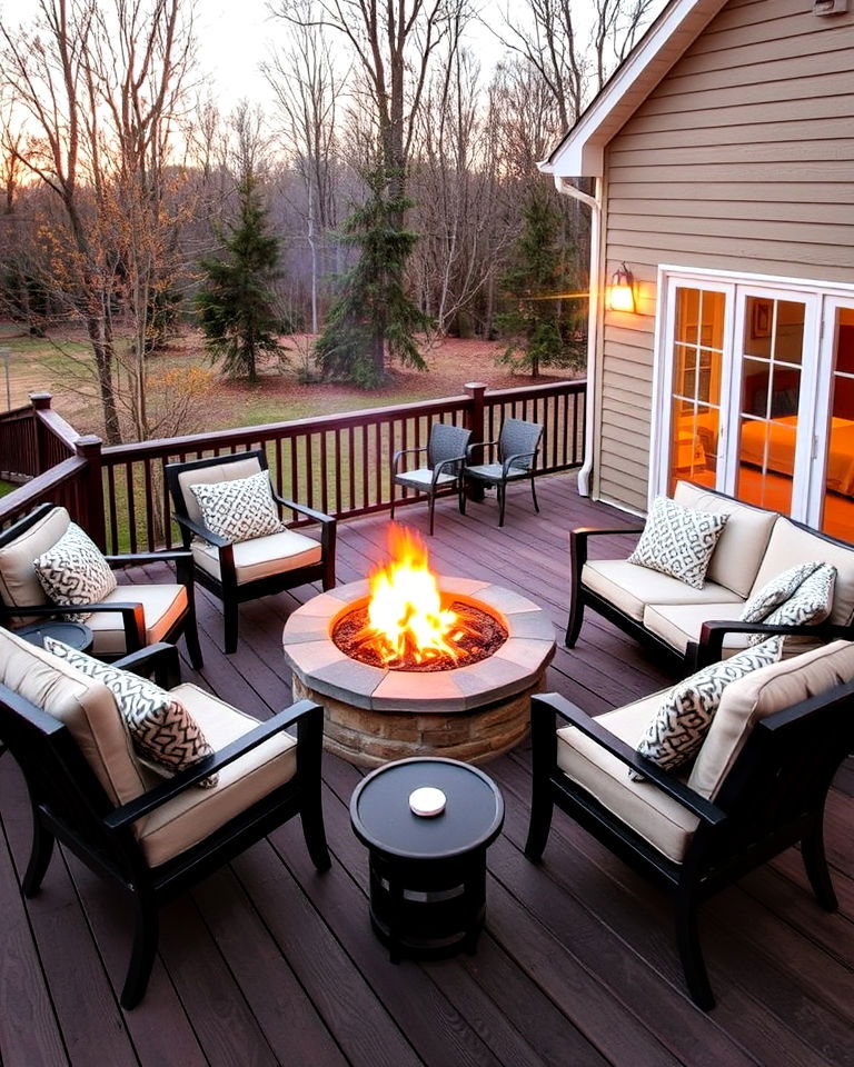deck with fire pit for warmth - 25 Deck Decorating Ideas