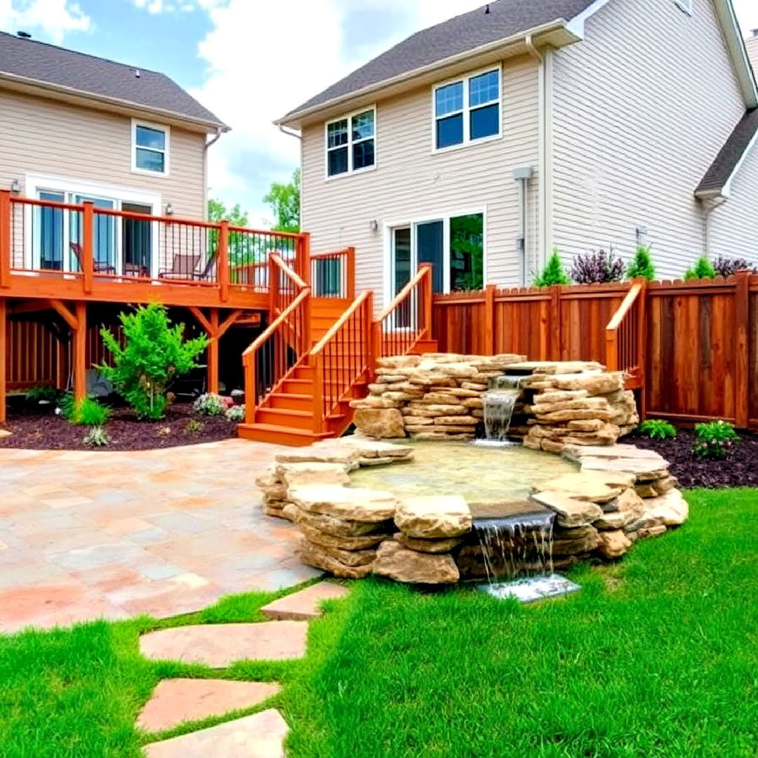 deck with flagstone patio and waterfall design - 30 Deck and Patio Combination Ideas