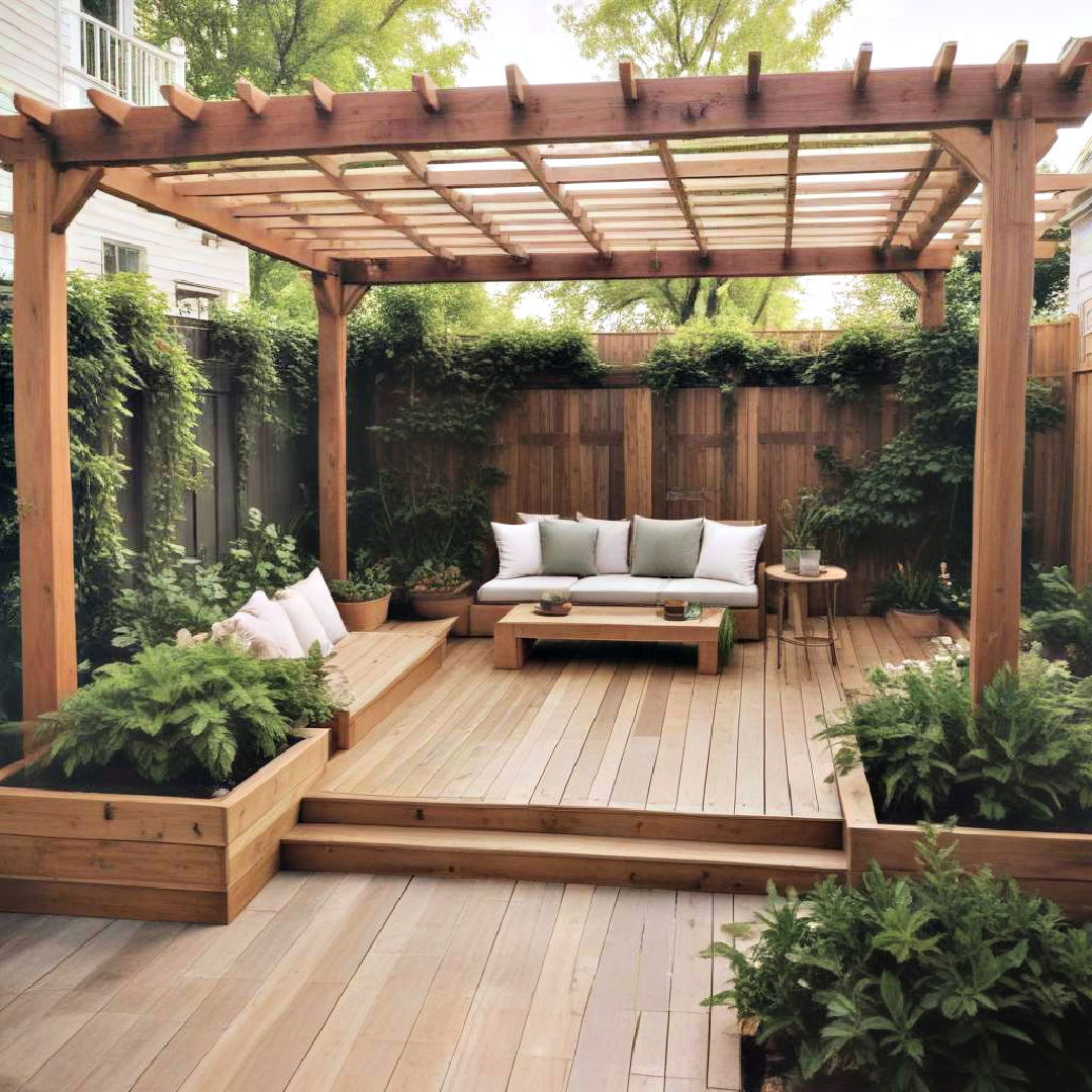 deck with integrated planters and pergola - 25 Ground Level Deck Ideas