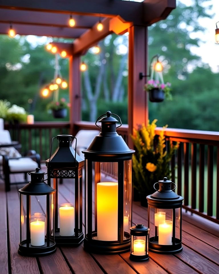 deck with lanterns to create soft lighting - 25 Deck Decorating Ideas