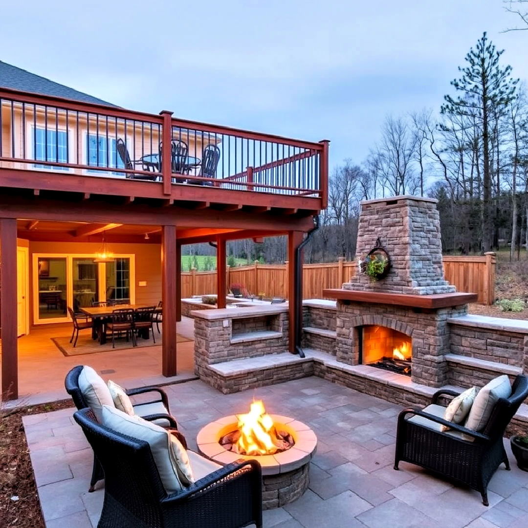 deck with patio and outdoor fireplace - 30 Deck and Patio Combination Ideas