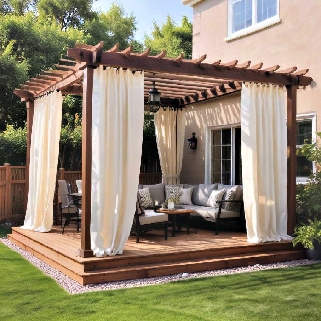 deck with pergola and retractable curtains - 25 Ground Level Deck Ideas