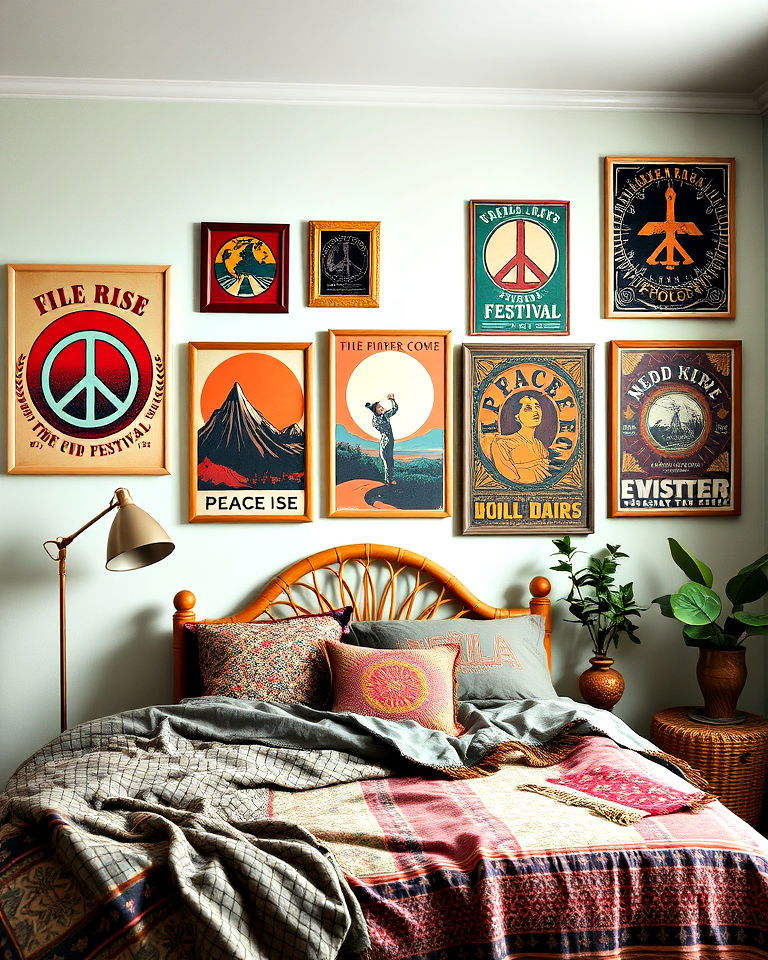 decorate walls with vintage inspired posters - 25 Hippie Bedroom Ideas