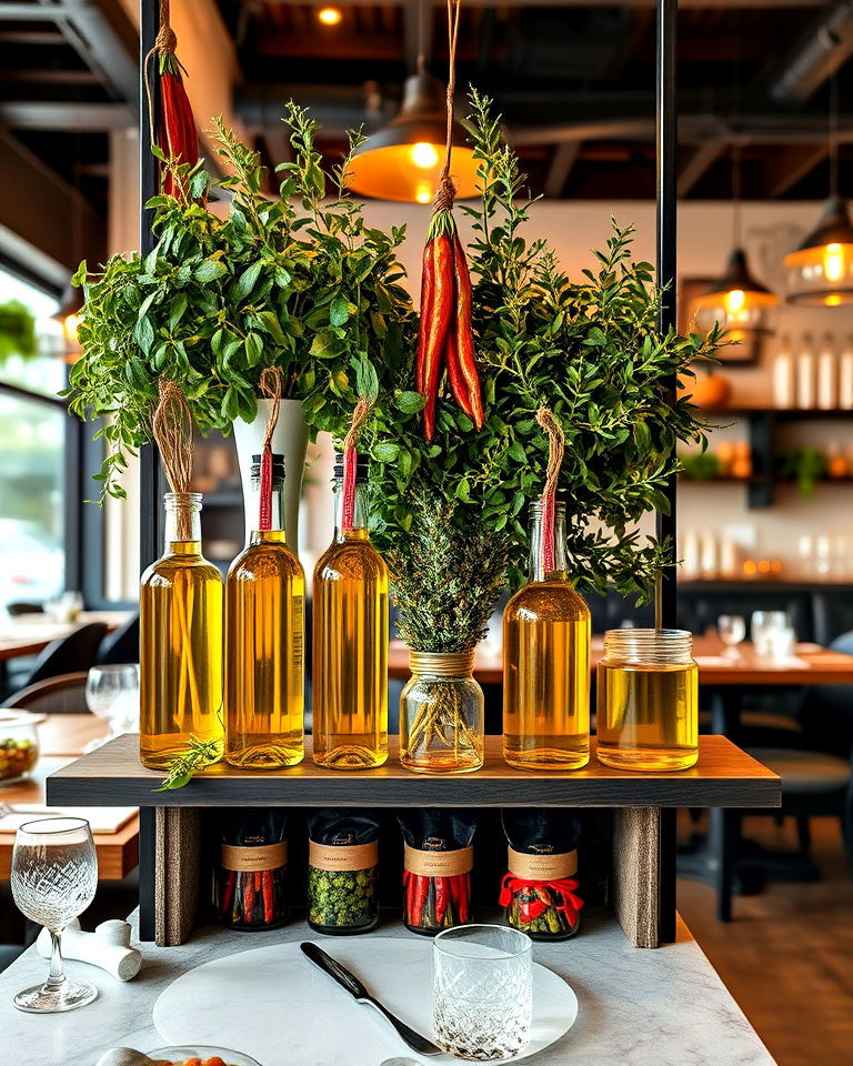 decorate with olive oil and herb displays - 20 Italian Restaurant Decor Ideas