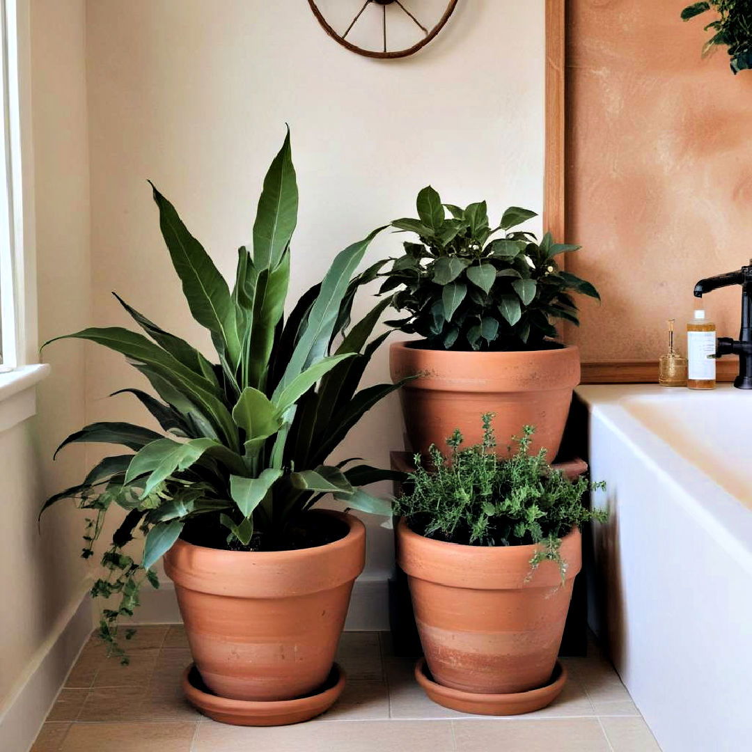 decorate with terracotta pots - 25 Boho Bathroom Ideas