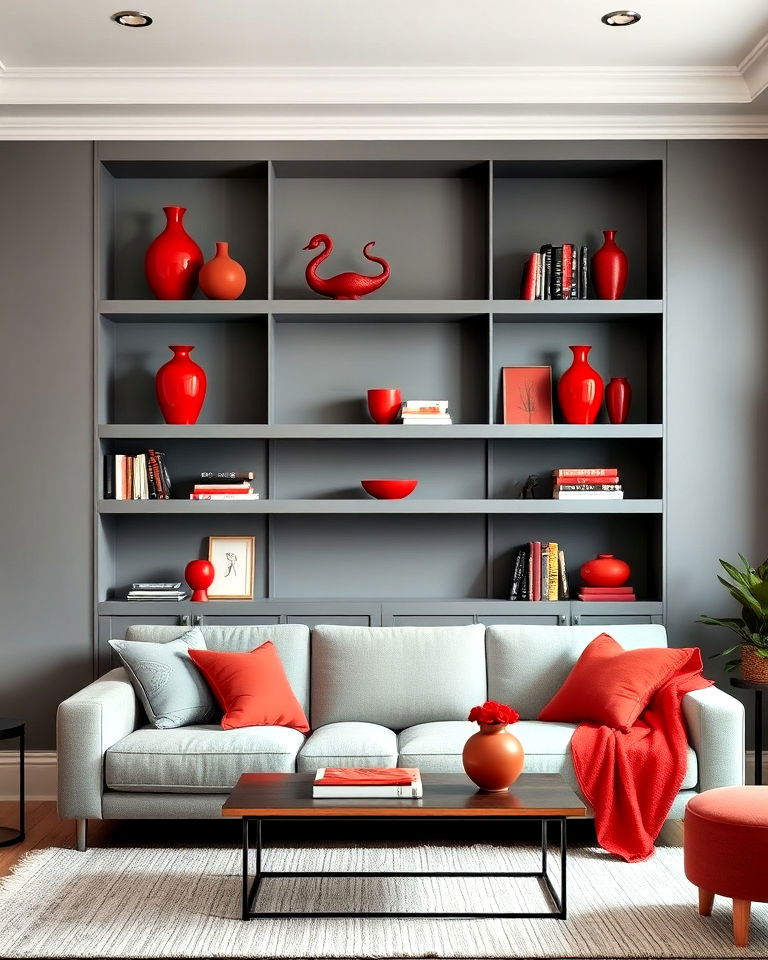 decorating grey shelves with red accents - 25 Red and Grey Living Room Ideas