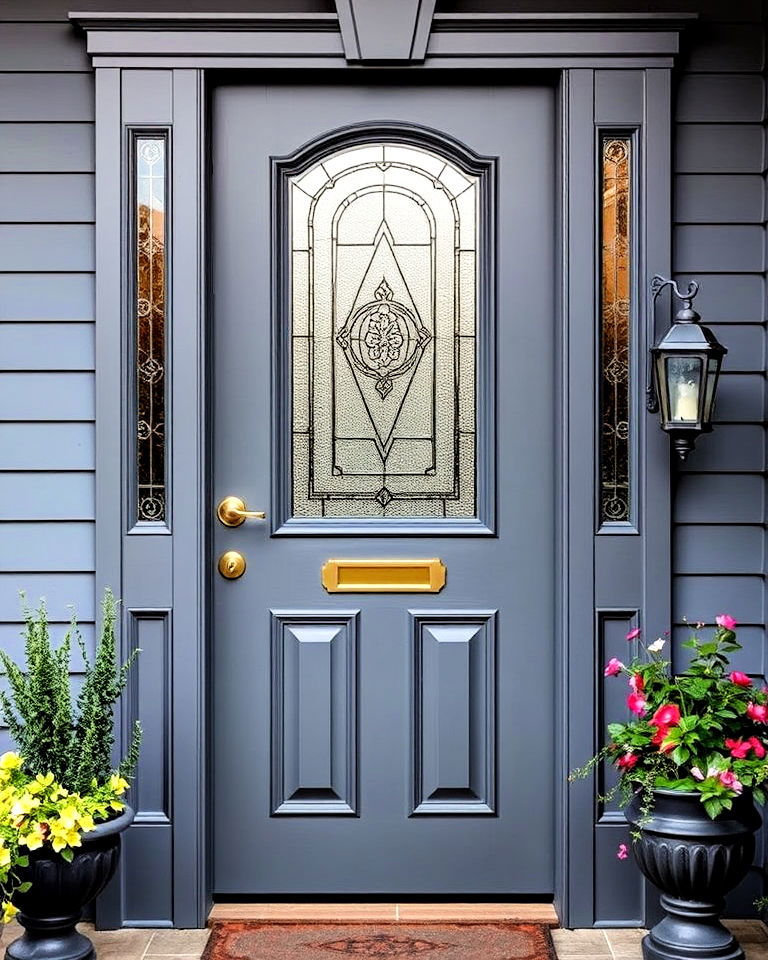 decorative glass insets for stormy grey front door - 25 Grey Front Door Ideas