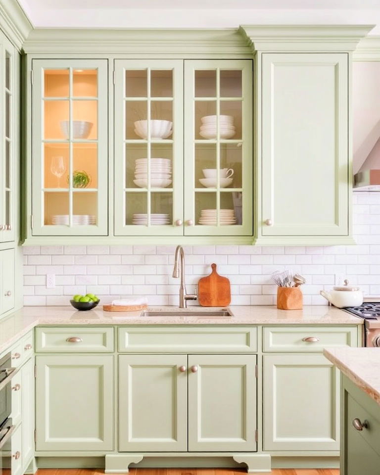 decorative glass panels for rustic sage cabinets - 20 Rustic Sage Green Kitchen Cabinets