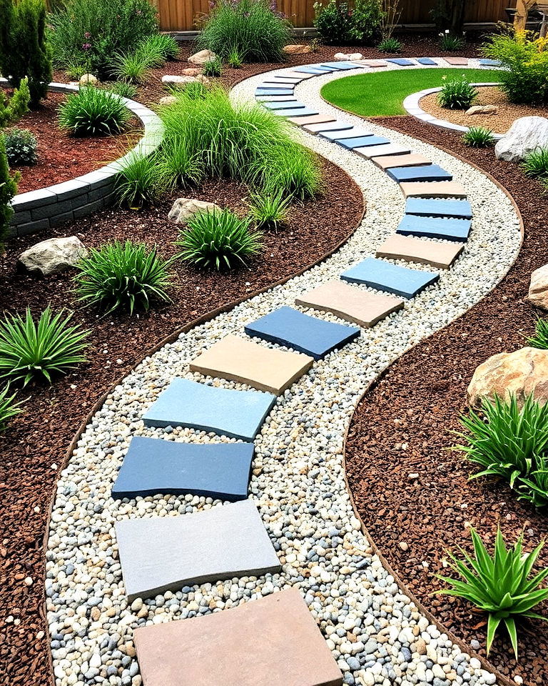 decorative gravel and stepping stones for curved path - 25 Curved Walkway Ideas