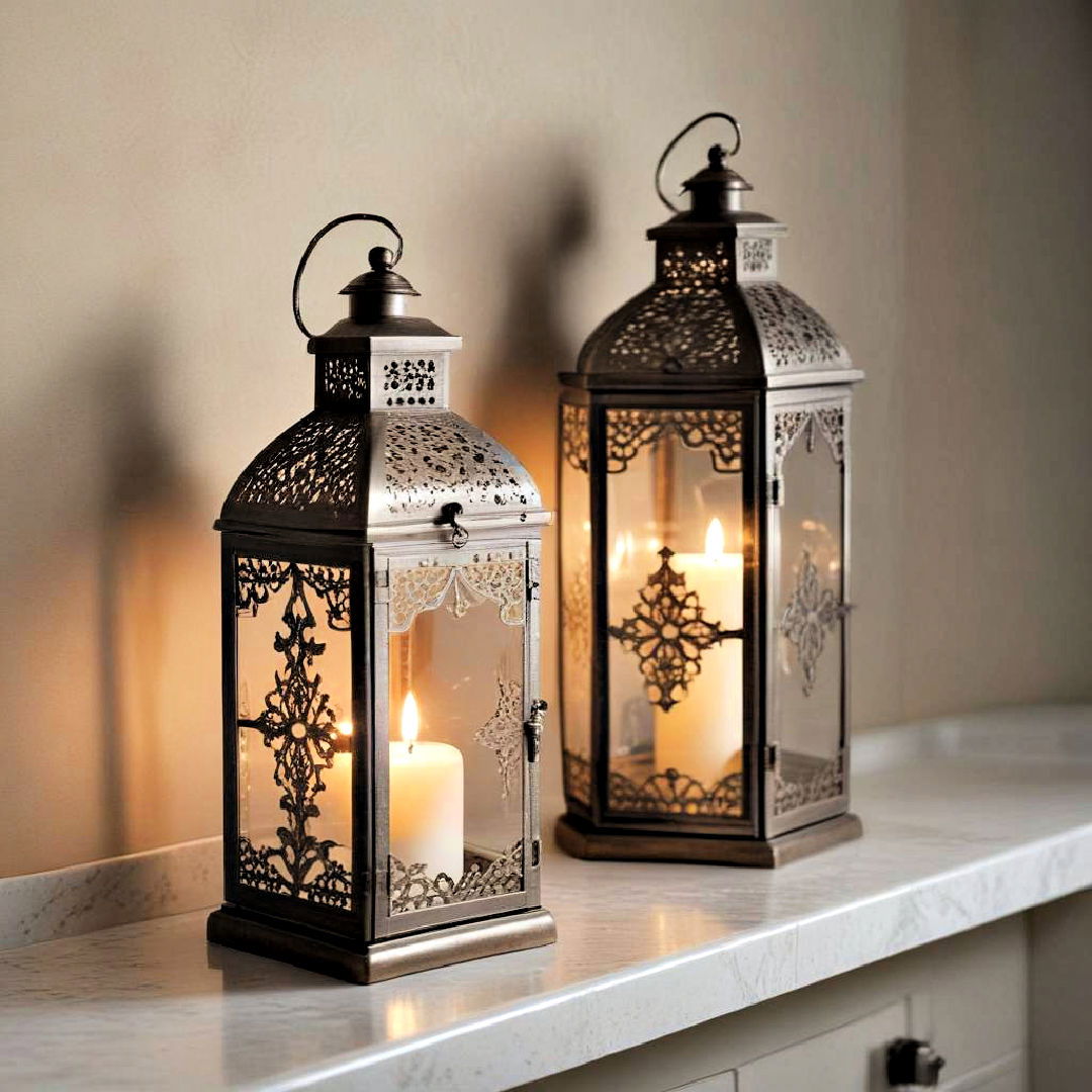 decorative lanterns placed on shelf - 25 Boho Bathroom Ideas