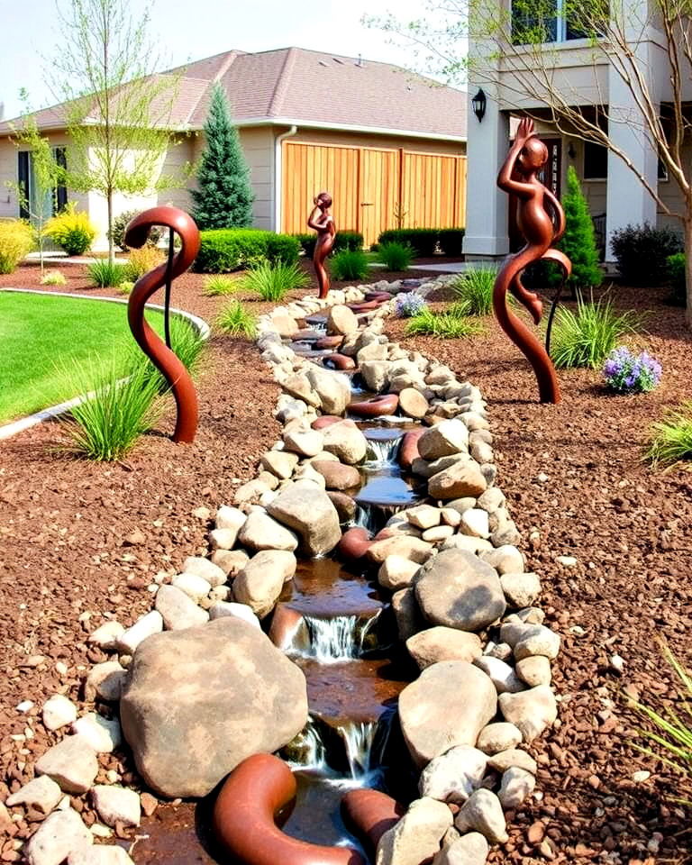 decorative metal sculptures for artistic touch - 30 Front Yard Dry Creek Bed Landscaping Ideas