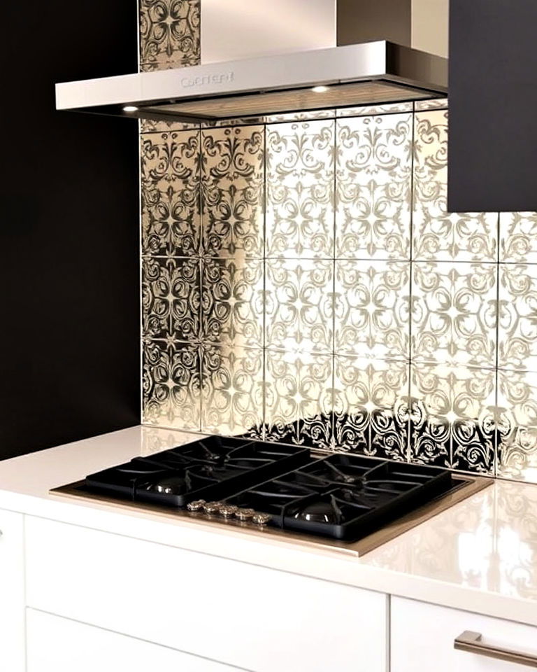 decorative mirrored tile with patterned overlay - 30 Mirrored Backsplash Kitchen Ideas