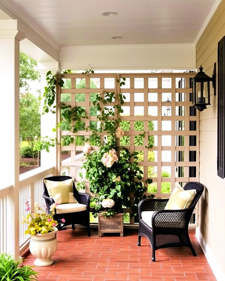 decorative privacy with trellis panels - 30 Colonial Front Porch Ideas