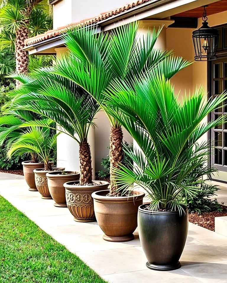 decorative sculpted palm trees in pots - 30 Front Yard Palm Tree Landscape Design Ideas