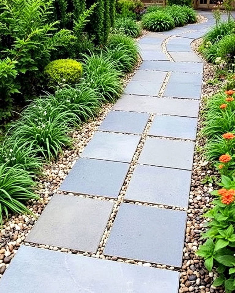decorative slate slab path with pebble filler - 30 Garden Path Ideas